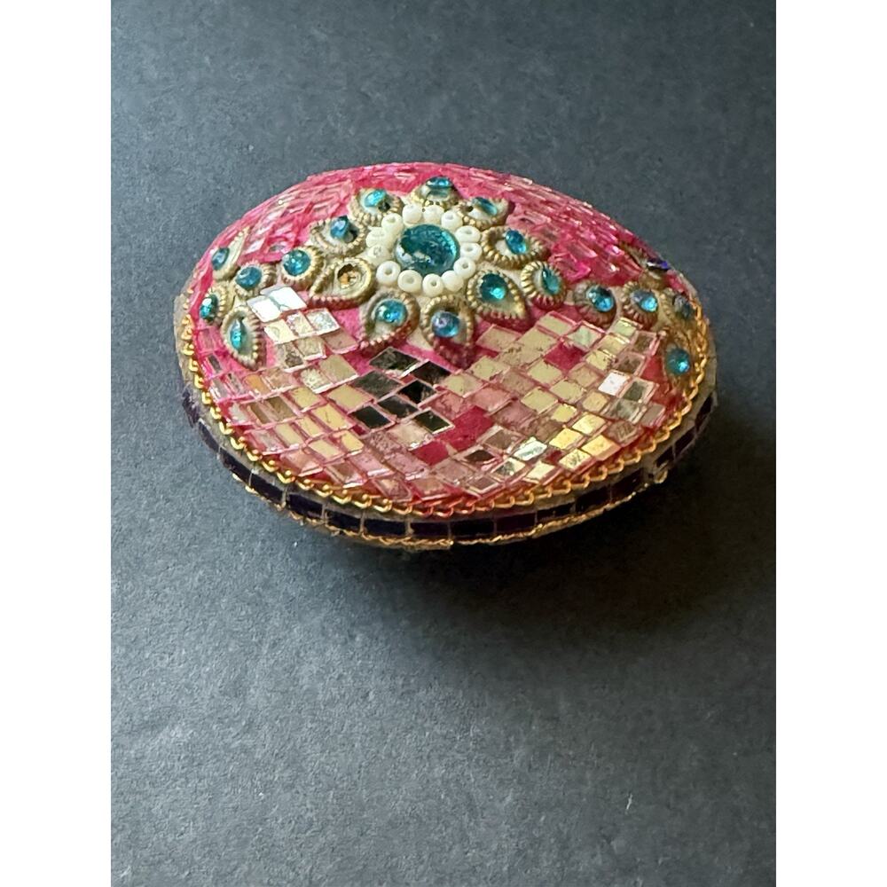 Vintage Mirrored Beaded Egg Trinket Box Boho Artsy